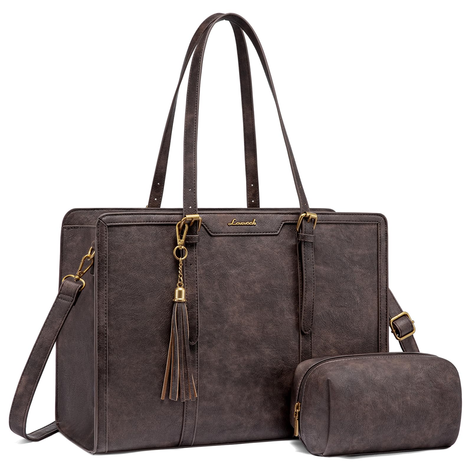 LOVEVOOK Laptop Bag for Women Vintage Leather Laptop Tote 15.6 inch Large Capacity Computer bag with Clutch Purse for Work