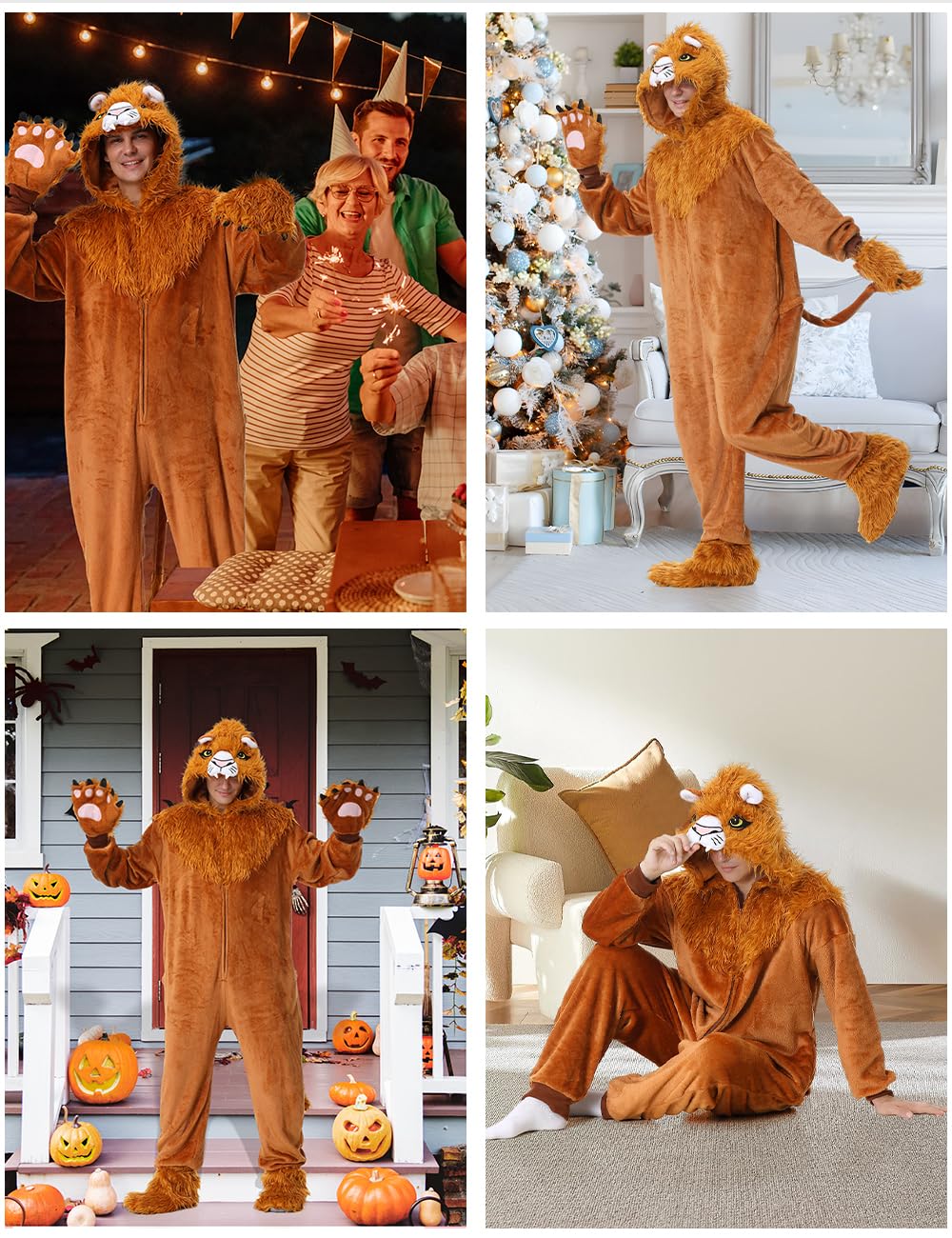 Costume de Lion Adulte Animal Onepiece Unisex Lion Pajamas Halloween Party Onesie Cosplay Dress Up Jumpsuit for Men Women