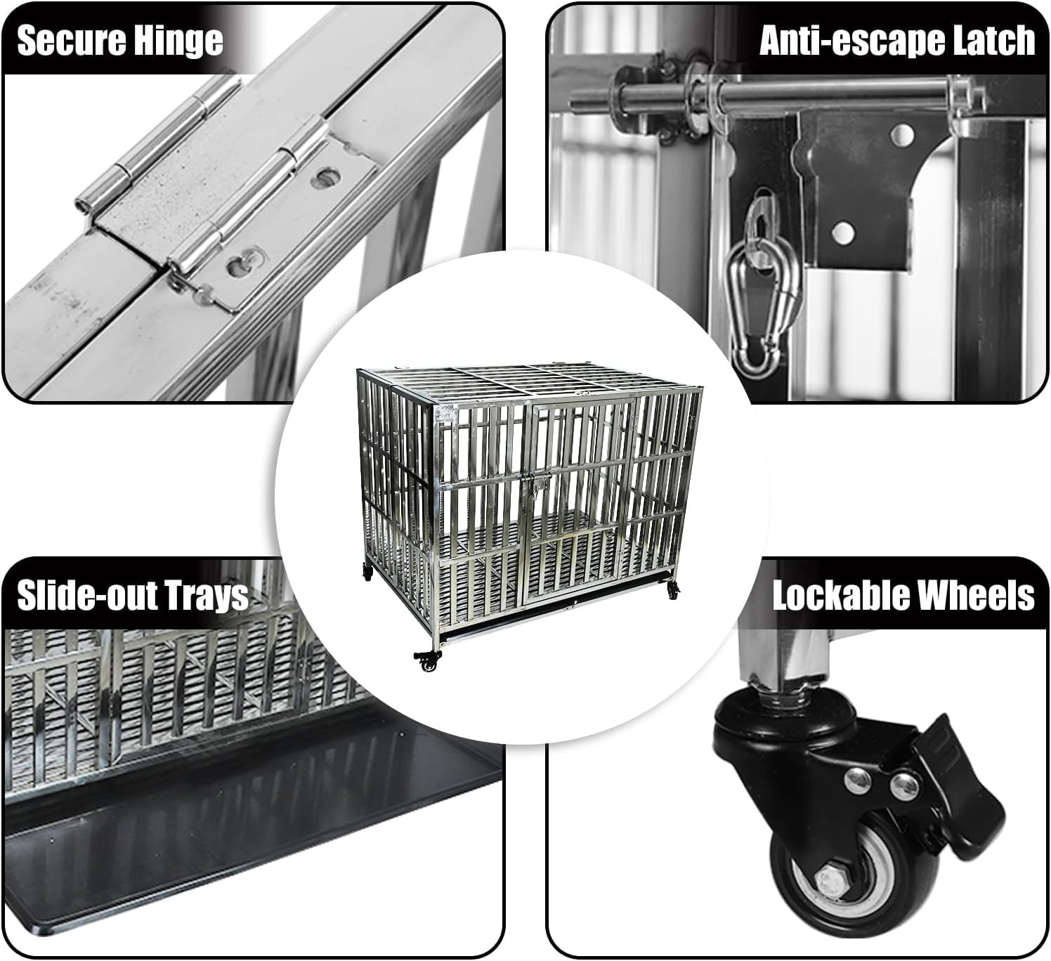 Confote 37/47 Inch Heavy Duty Dog Crate Metal Cage Kennel, High Anxiety Pet Cage with Lockable Wheels & Double Doors for Small Medium Large Dogs (SS-42)