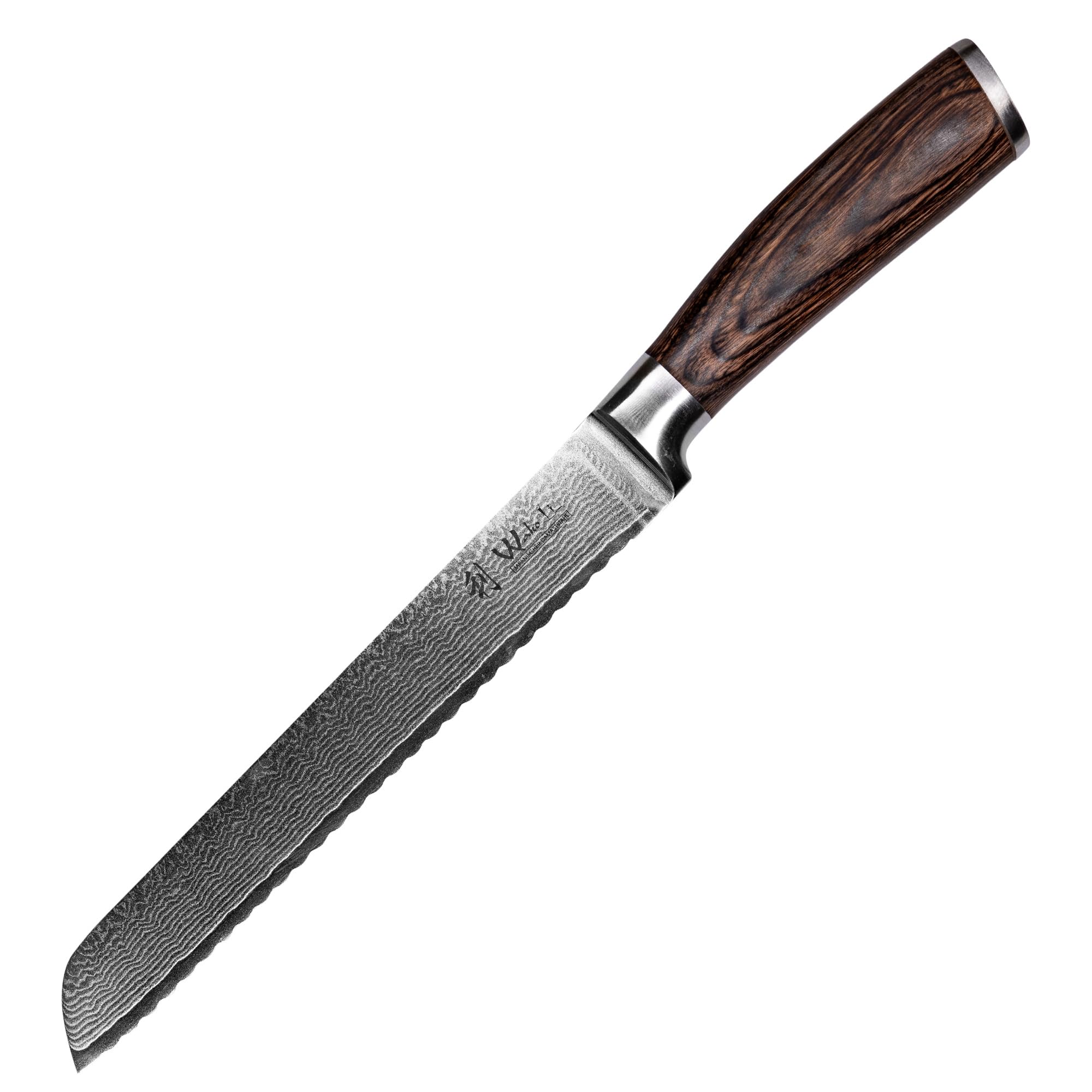WAKOLI EDIB Couteau à Pain de Cuisine Professionnel en Damas, Dentelé 20 cm | 67 couches avec noyau VG10, manche en bois de pakka, pour baguettes, brioches et croûtes épaisses, coffret cadeau élégant