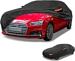 Waterproof All-Weather Universal Car Cover with Right Side Zipper, 210D-PU Black Fits for Sedan 165" to 177" Length