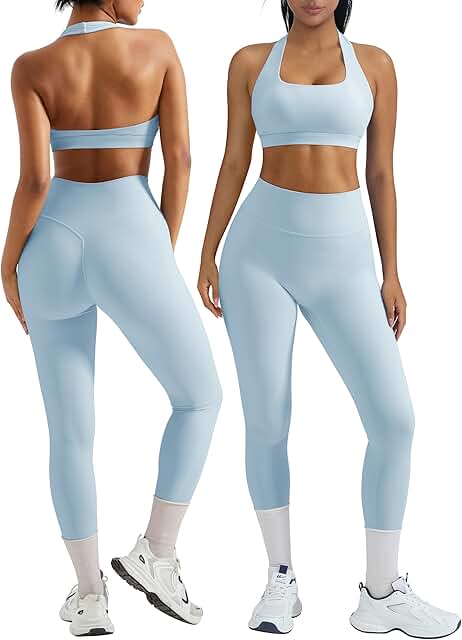 OMKAGI 2 Piece Workout Sets for Women Halter Sports Bras Gym Sets Booty ...