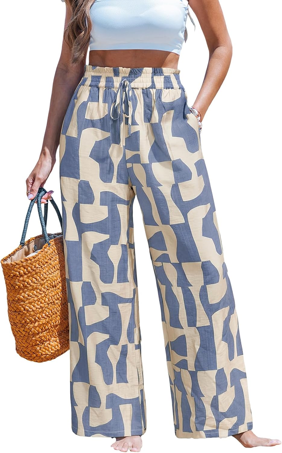 CUPSHE Women‘s Wide Leg Beach Pants - Tropical Floral with Pockets Plus Size Casual Flowy Vacation Bottoms