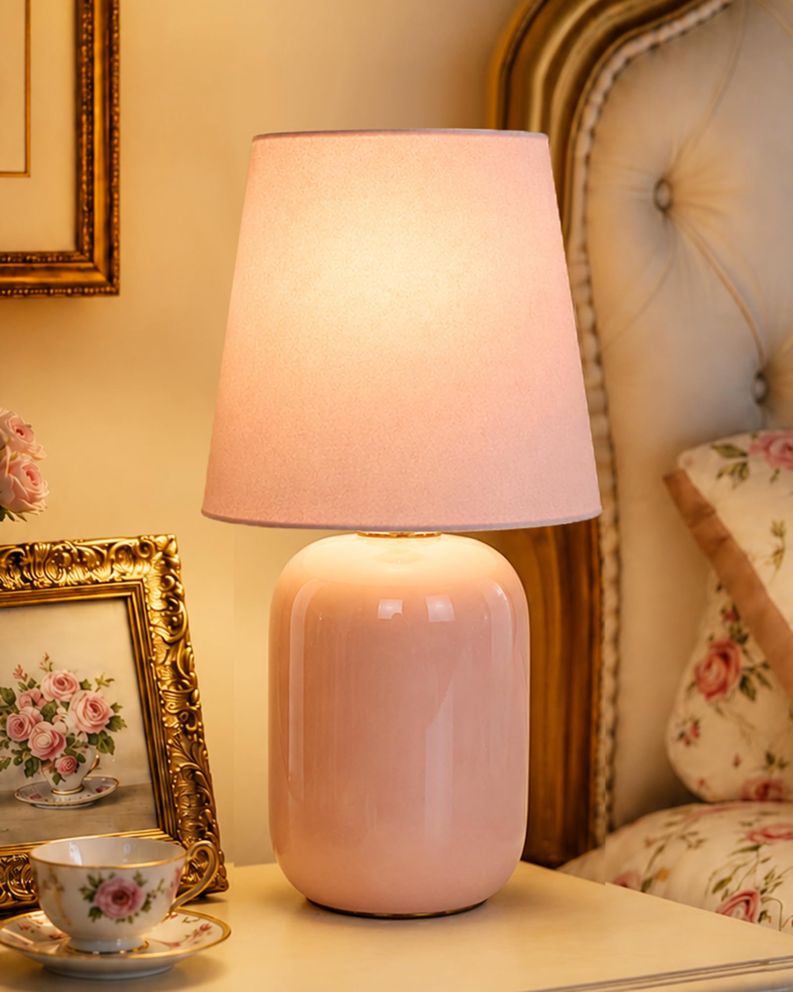 Homesake® Modern Small Ceramic Table Lamp, Classic Bedside Desk lamp for Living Room Bedroom, Farmhouse Nightstand Lamps with Pink Fabric Shade (Dovel Pink)-picture-25