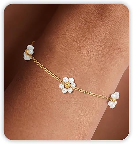 Pearl Bracelets for Women, Dainty Gold Bracelet Silver Prom Pearl Jewelry for Wedding, Trendy Daisy Bracelet Heart Bracelet as Simple Bridesmaid Gifts Floral Jewelry Brazaletes Para Mujer