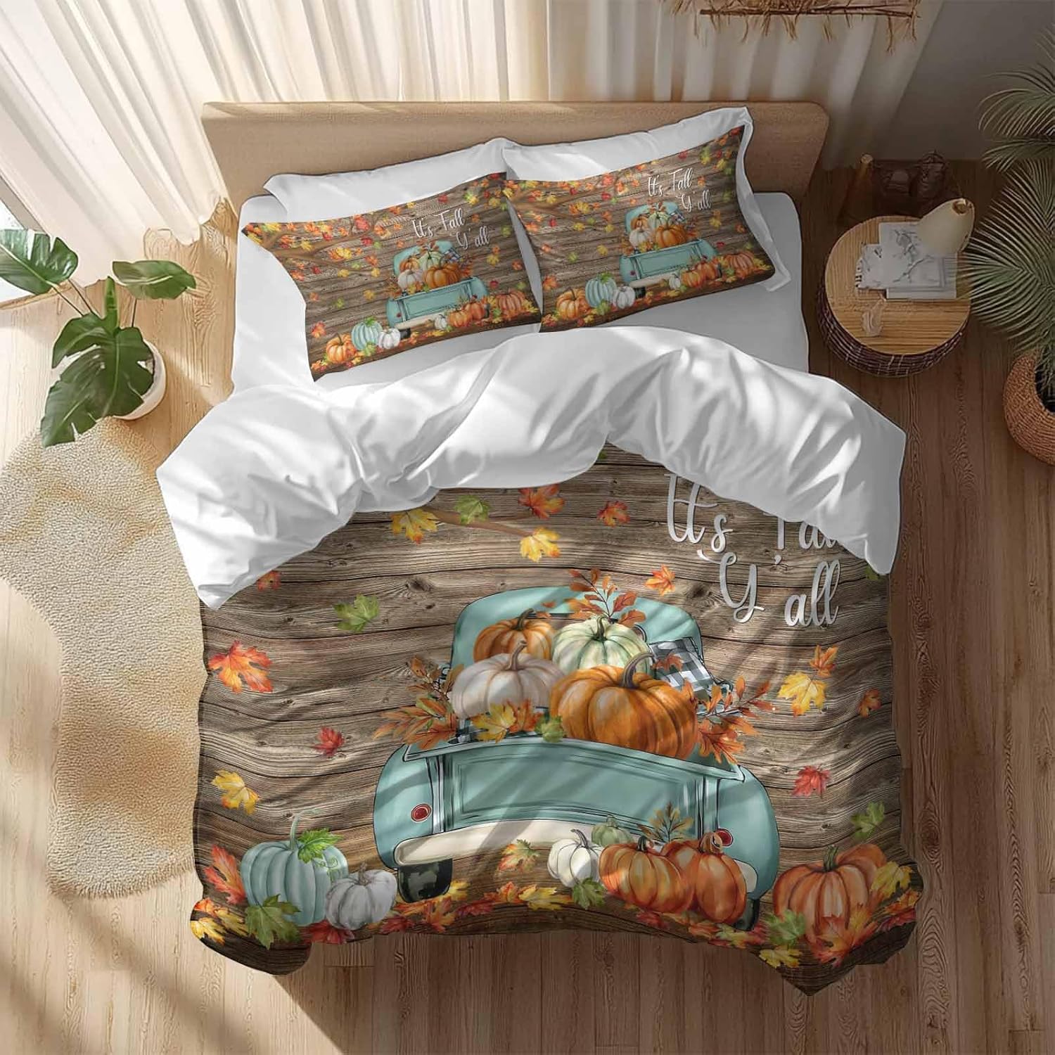 Fall Duvet Cover Set California King Size Harvest Pumpkin Truck Comforter Sets 3 PCS, Maple Leaves Wood It's Fall Y'all Thanksgiving Bedding Set with Zipper Closure and 2 Pillow Cases, Soft Bed Covers