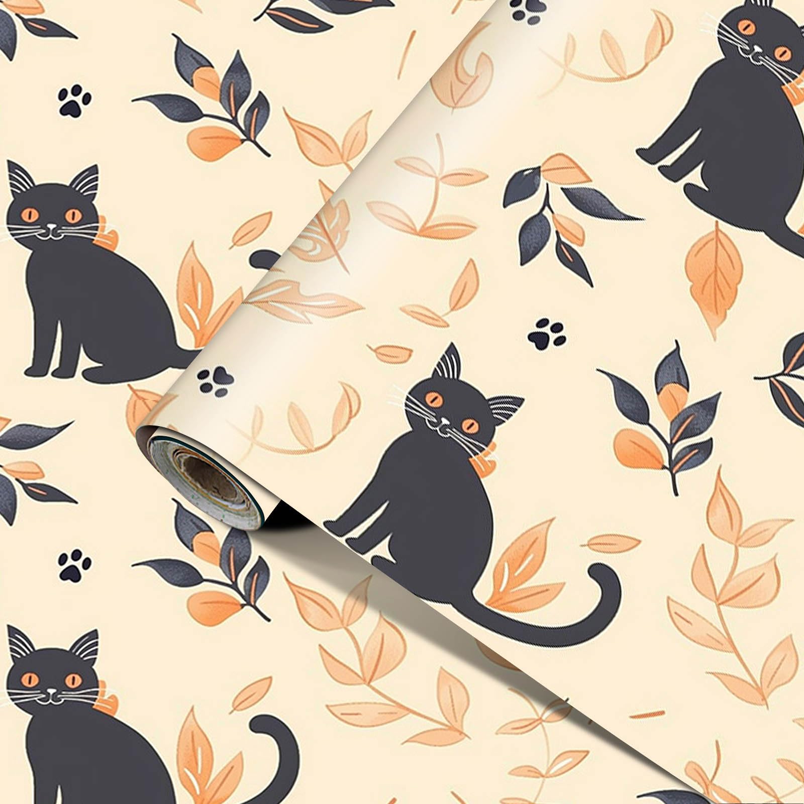 Papier peint vinyle amovible motif chat noir avec film autocollant 40x100cm