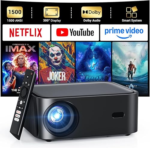 1500 ANSI lumens built-in streaming app full HD smart projector, HAPPRUN 4K projector, supports Wi-Fi and Bluetooth, Dolby audio, 300-inch large screen, suitable for home, outdoor, and indoor viewing