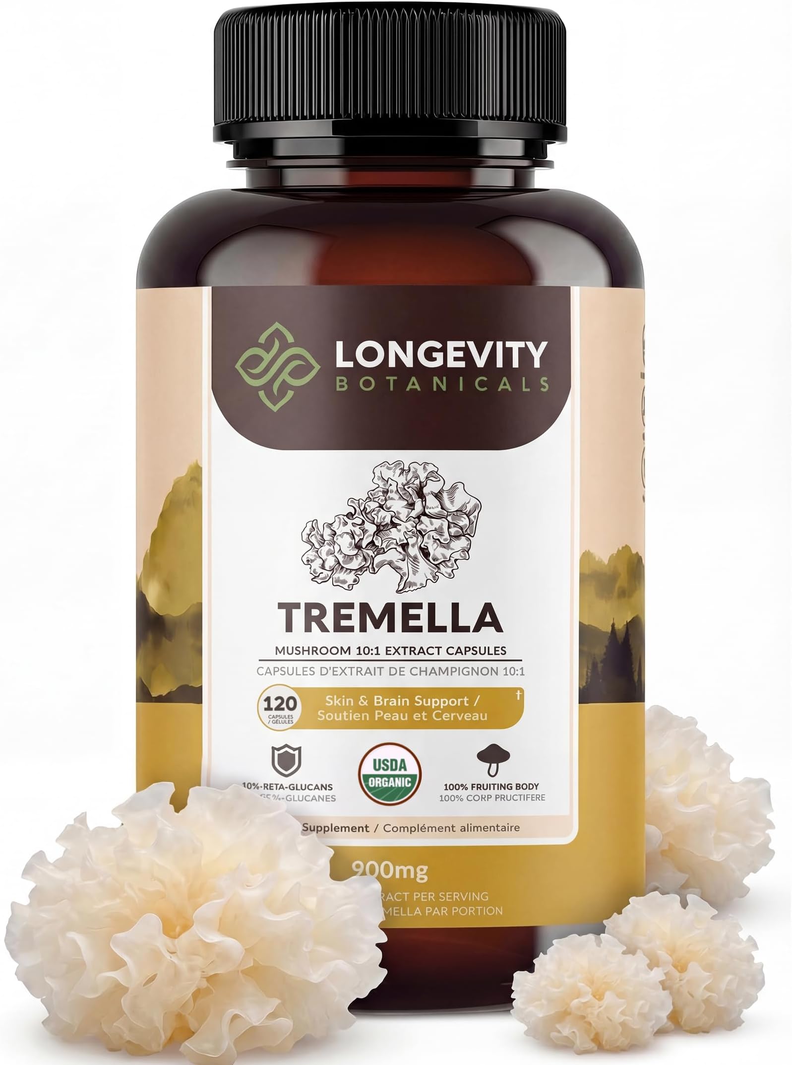 - Longevity Botanicals Organic Tremella Mushroom Capsules Supplement Extract 120ct | Snow Fungus Fruiting Body | ≥10% Beta-D-Glucans | 40 Servings of 900mg | Supports Skin Wellness