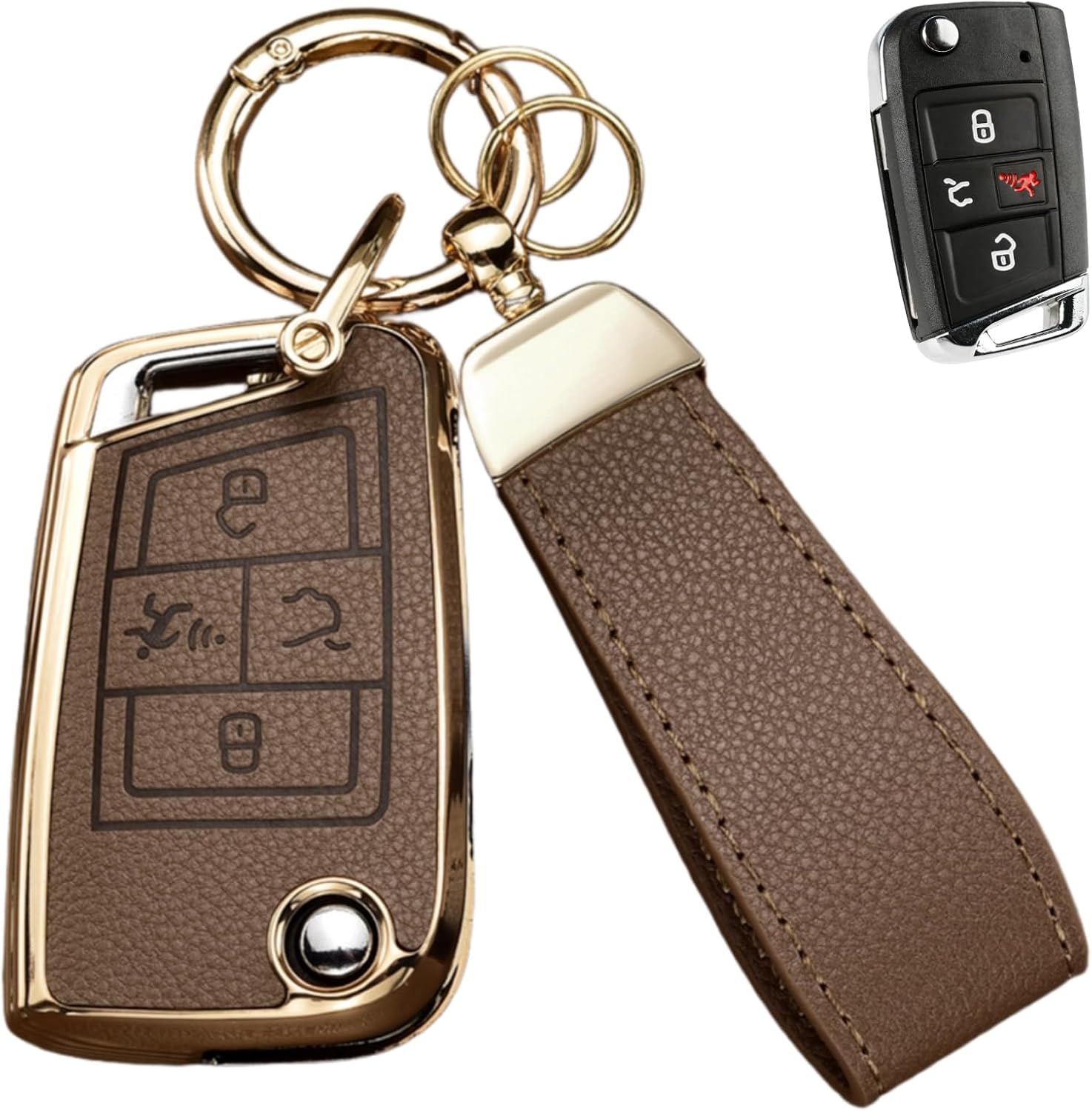 Key Fob Cover for Volkswagen with Keychain, Upper Leather + Soft TPU Key Cover Case Shell for VW 2017-2021 Jetta Tiguan GTI Atlas Passat Arteon Golf Folding Flip 4 Buttons (Pink)