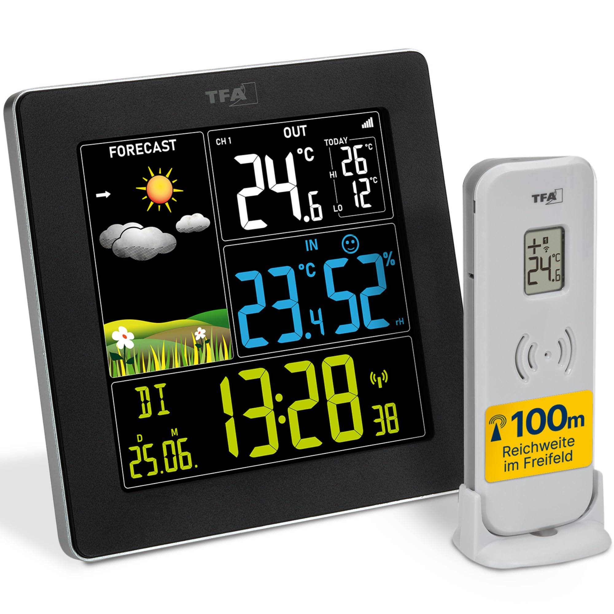 TFA Dostmann Wetterstation Funk mit Außensensor SUN2 digital, 35.1174, für Innen und Außentemperatur, großes Farbdisplay, mit Wohnklima, inkl Funkuhr mit Datum, Hygrometer, mit Netzadapter, schwarz