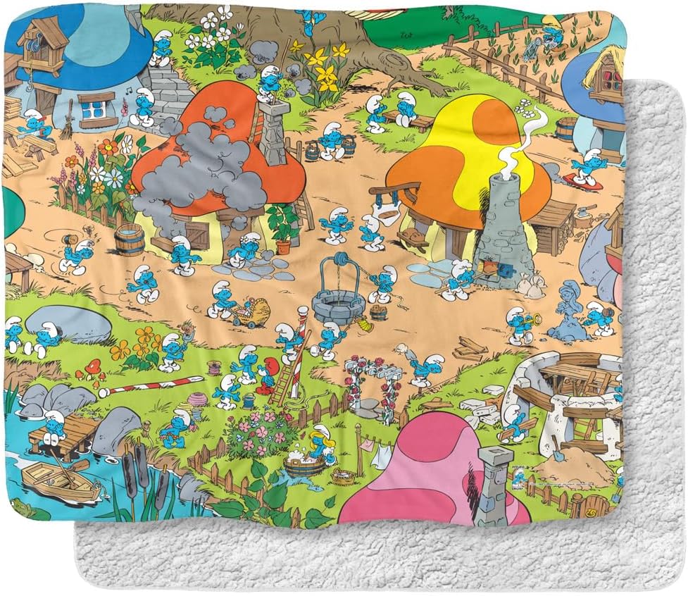 The Smurfs Blanket, 60"x80" Smurf Village Silky Touch Sherpa Back Super Soft Throw Blanket