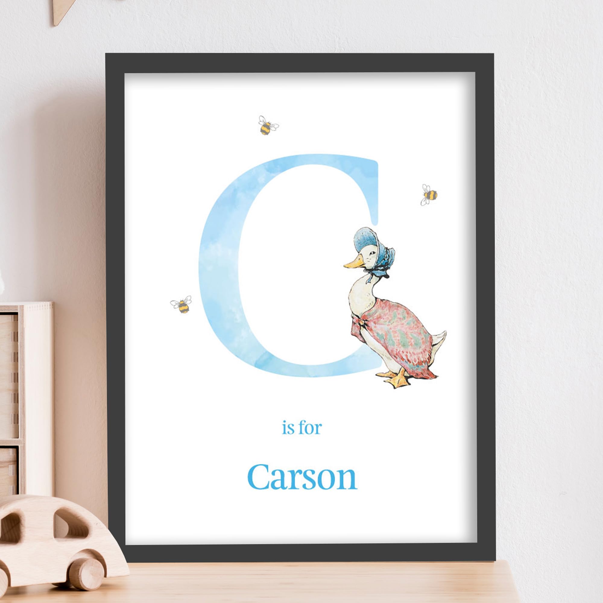 Themed Peter Rabbit Print - Jemima Puddle-Duck Blue Letter and Name Personalised Nursery Wall Art (A3-29.7cm x 42cm)