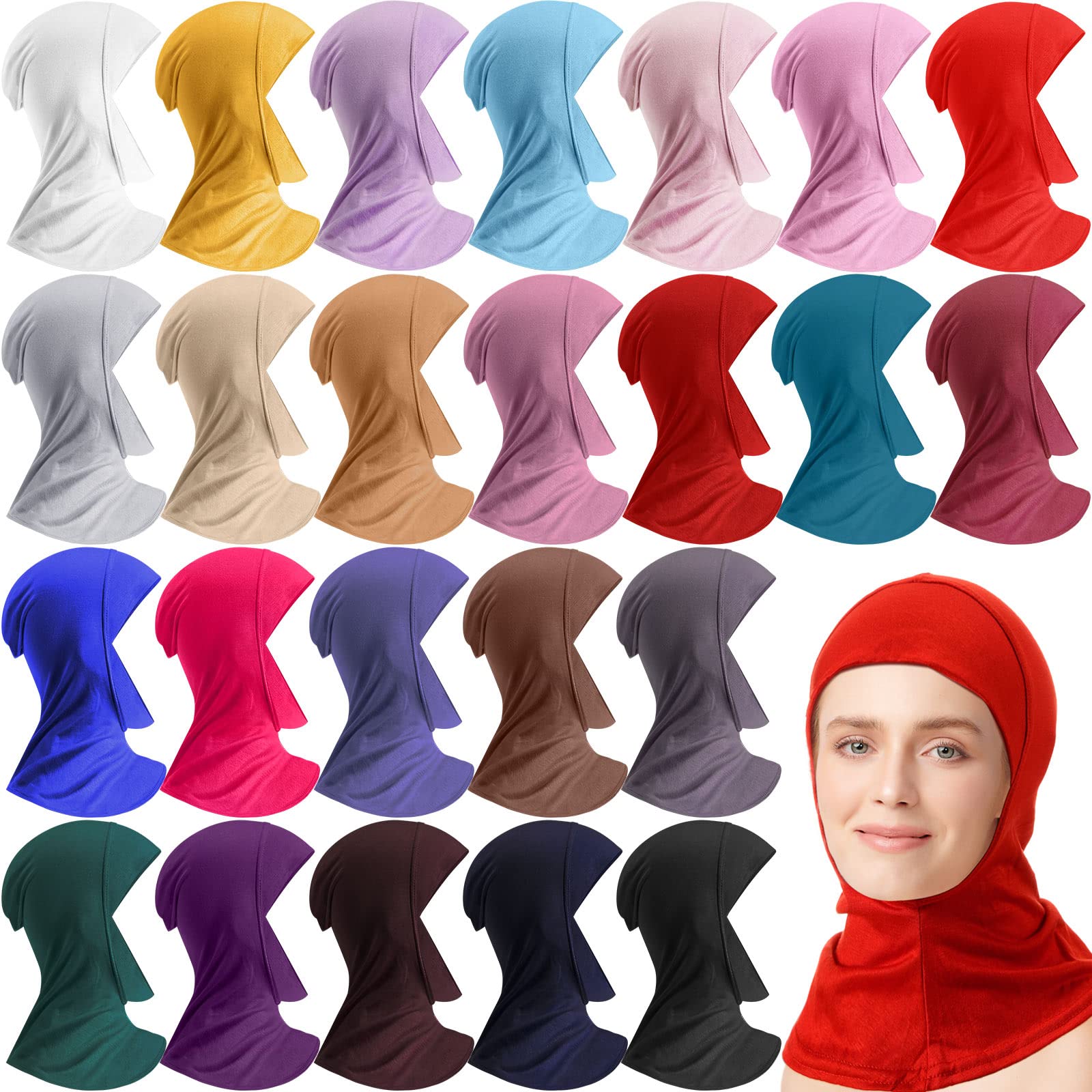 Handepo24 Pcs Modal Hijab Cap Adjustable Muslim Stretchy Turban Full Cover Shawl Head Muslim Women Scarf Full Neck Coverage Undercap for Lady Prayer, 24 Colors