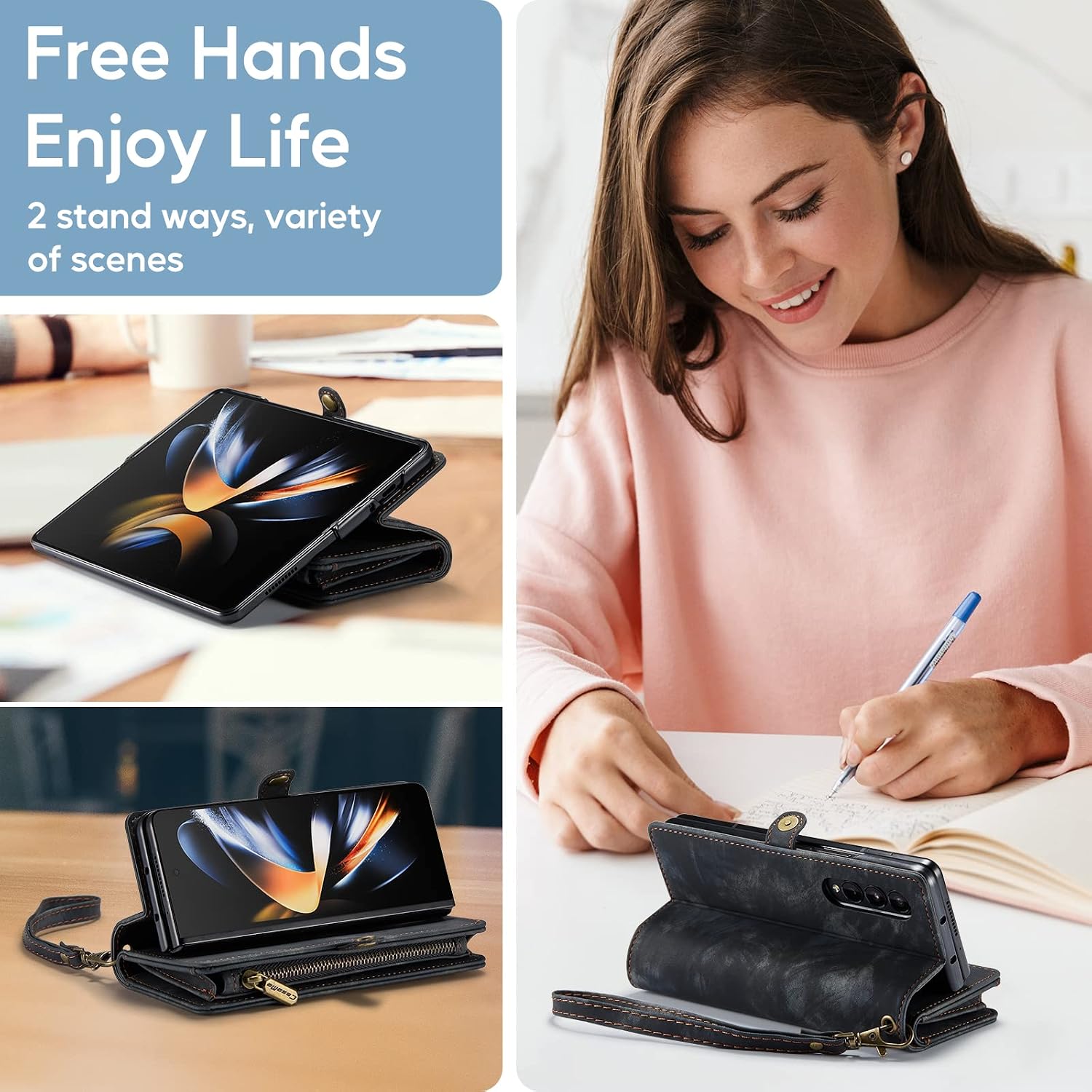 Zttopo for Samsung Galaxy Z Fold 4 Case, 2 in 1 Galaxy Z Fold 4 Wallet Case with Premium Leather Zipper Lanyard Card Holder, Durable Wristlet Flip Case Wallet Money Pocket Cover, Black