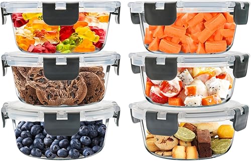 Paquete de 6 recipientes de vidrio de 13 onzas, pequeños recipientes redondos de almacenamiento de alimentos de vidrio con tapas a prueba de fugas