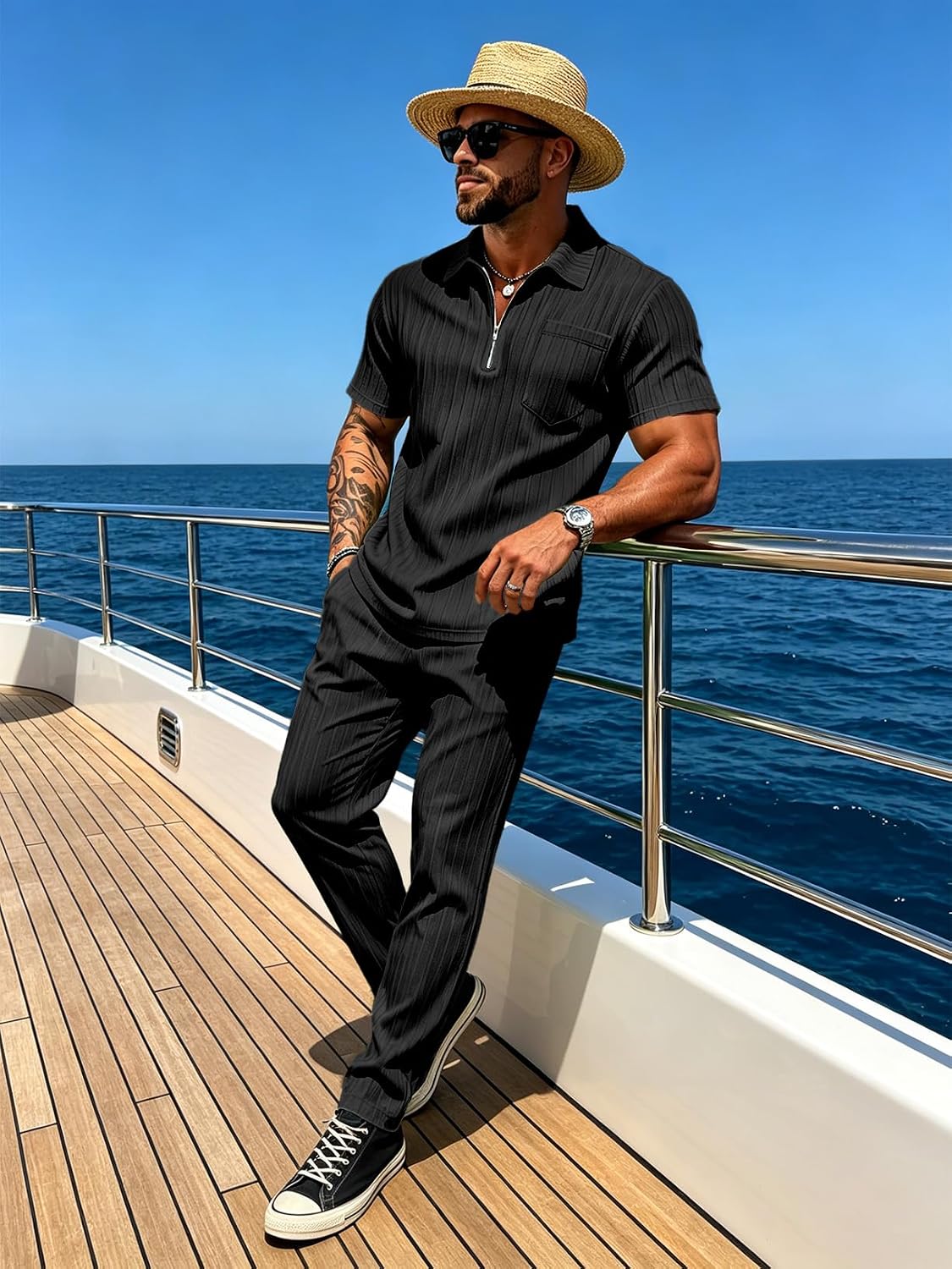 Mens Summer Beach Outfits 2 Piece Casual Quarter Zip Short Sleeve Vertical Stripe Shirt and Loose Pants Set