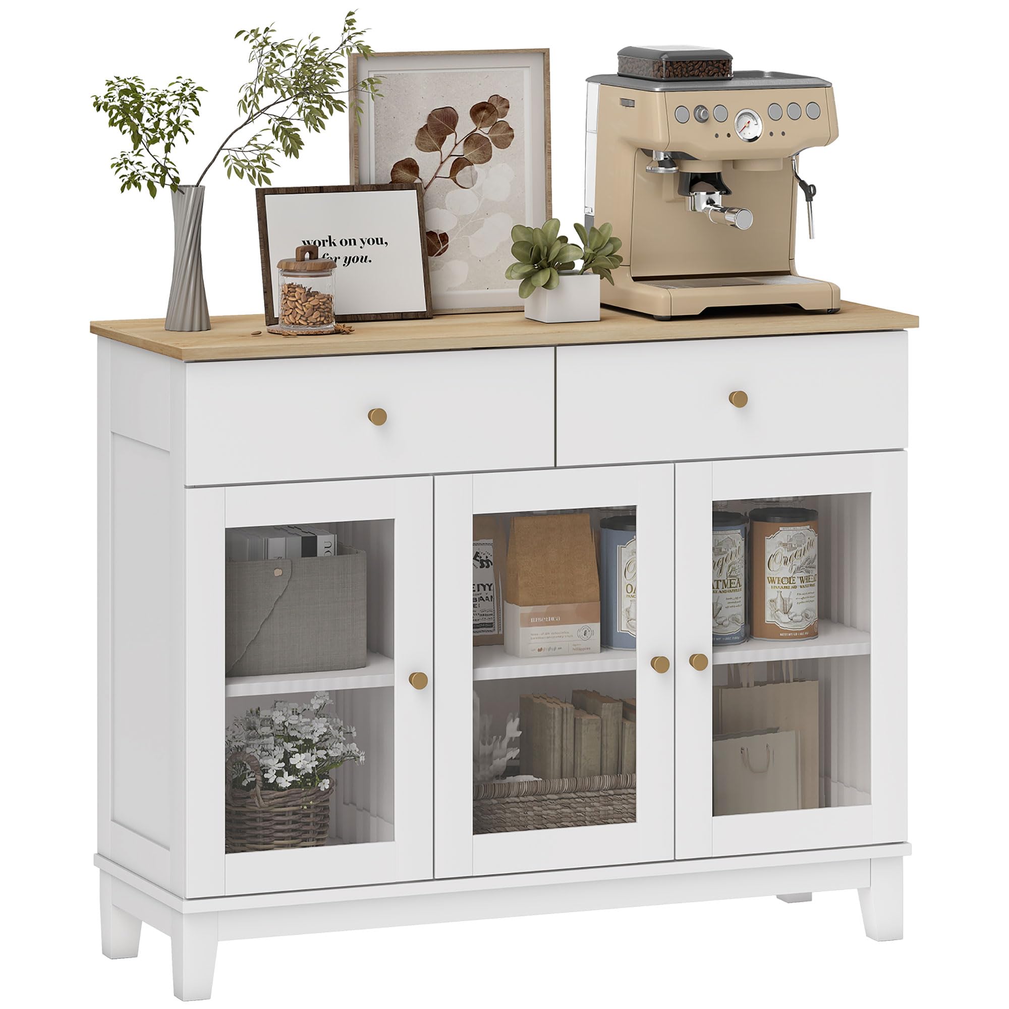 HOMCOM Aparador 3 Puertas Vidrio Estriado 2 Cajones 100x35x80,3 cm Blanco | Aparador para Salón Moderno, Estantes Ajustables, Comedor, Entrada