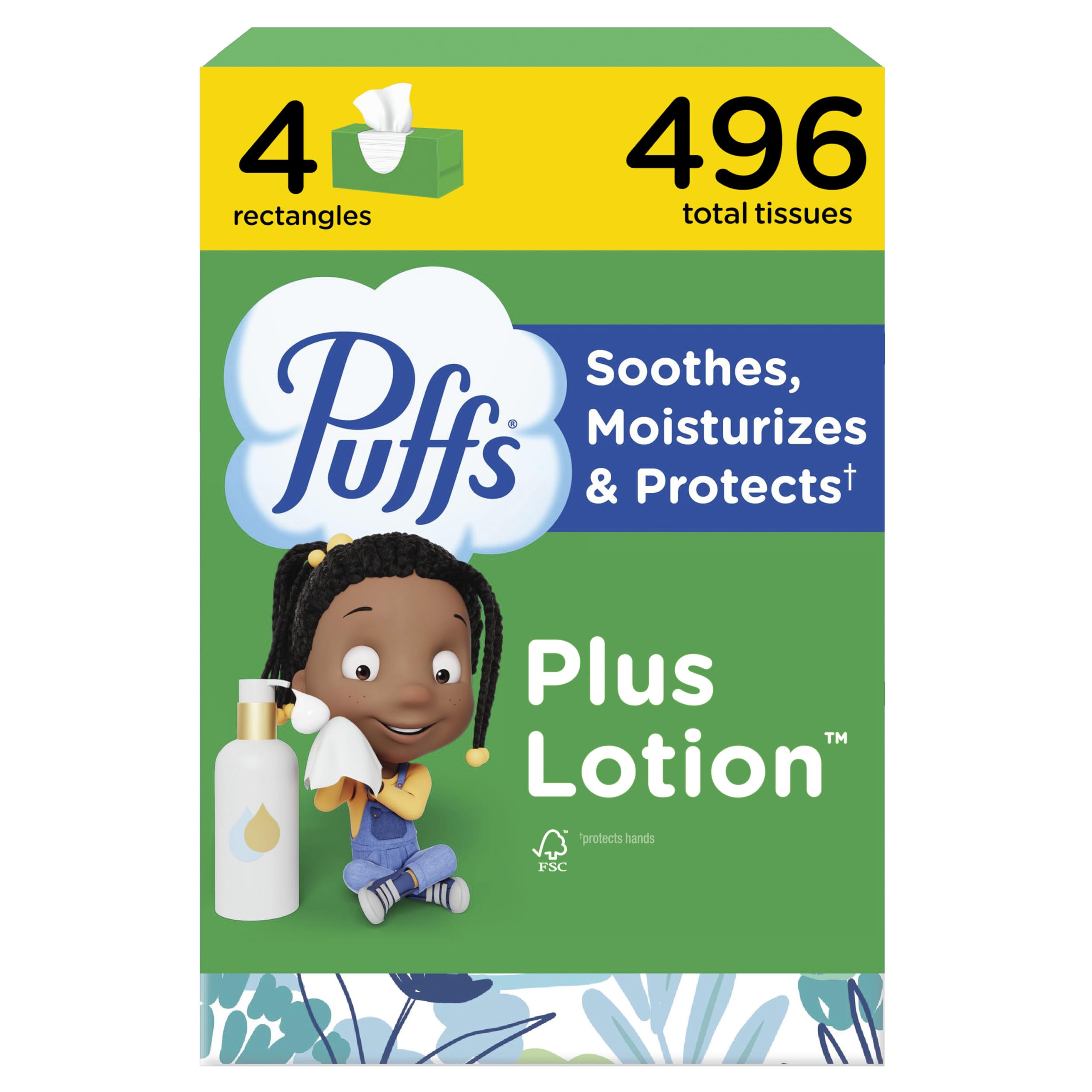 Puffs Facial Tissues Plus Lotion, 4 Family Boxes, 124 Facial Tissues per Box, Allergies and Colds (Packaging May Vary)