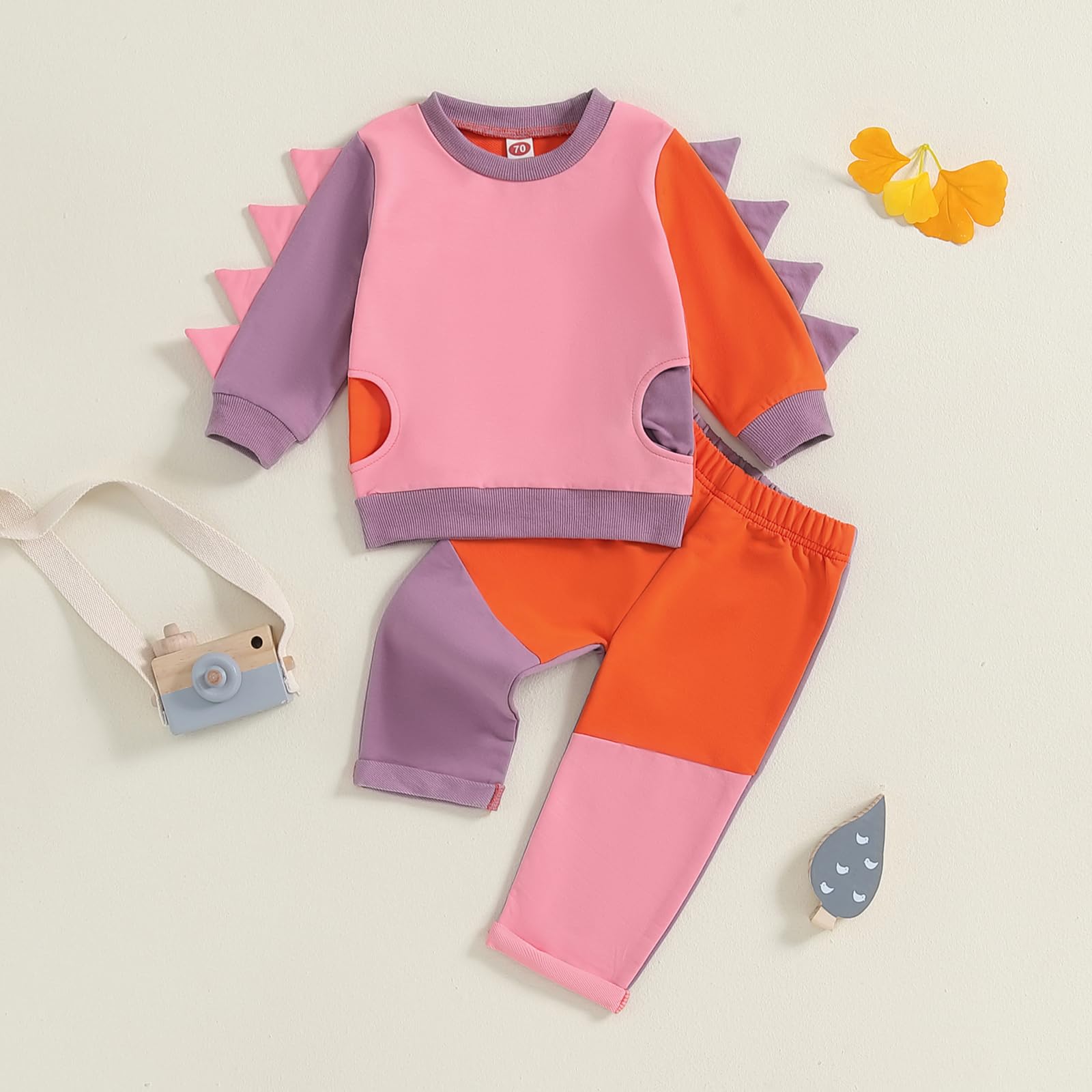 Ursobutegl Toddler Baby Boys Girls Dinosaur Outfit Color Block Long Sleeve Sweatshirt Top Jogger Pant Fall Winter Clothes Set (Pink, 0-6 Months)