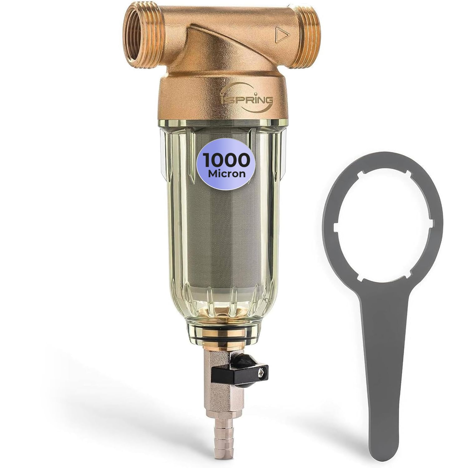 iSpring WSP-1000 Filtro de agua de sedimentos reutilizable para toda la casa, 1000 micras, filtración de prefiltro desechable, 20 GPM, MNPT de 1 pulgada + 3/4 pulgadas FNPT, latón