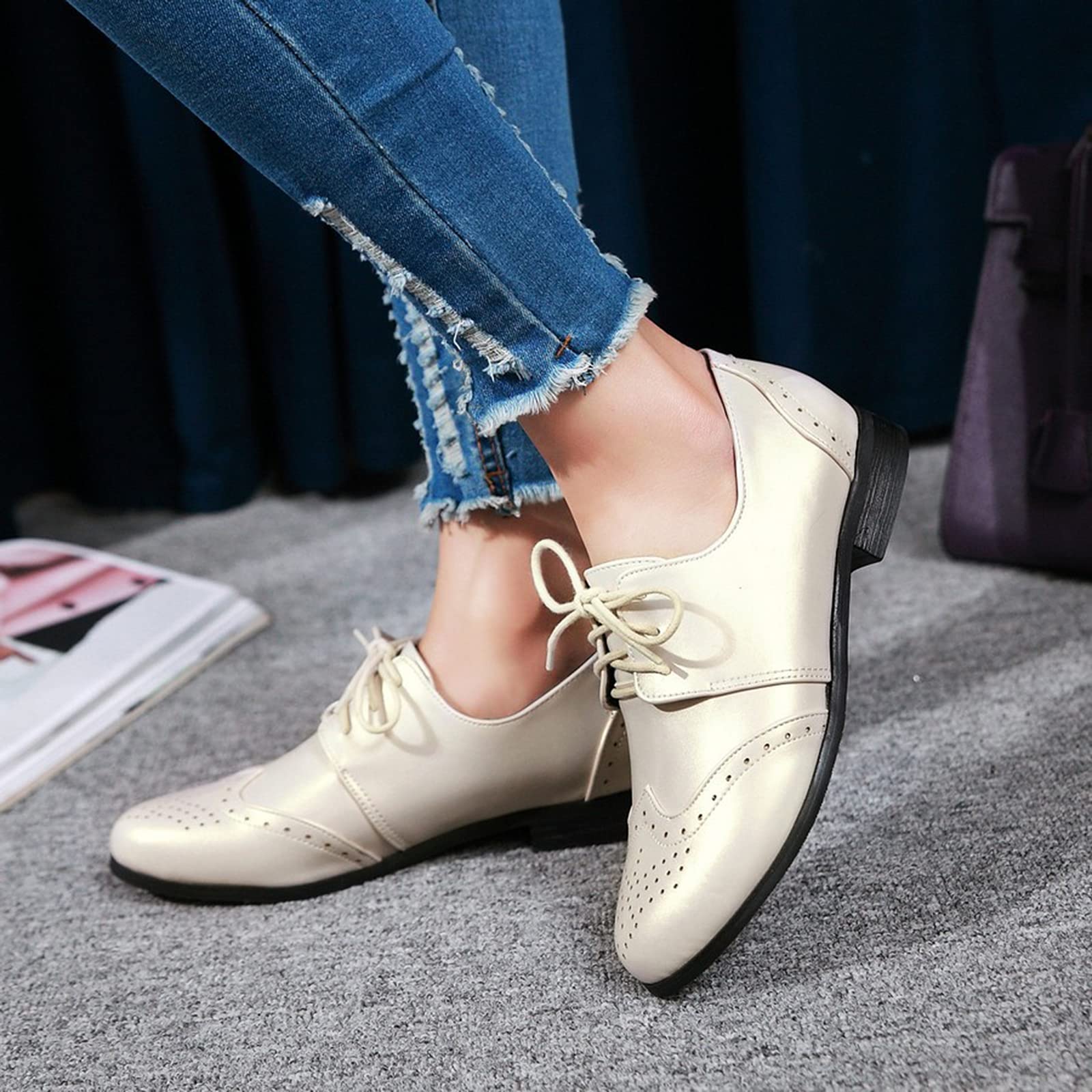 Oxford Talons Bas Femme, Chaussures Plates Dentellets Chaussures de Fête Bout Rond, Taille 32-54