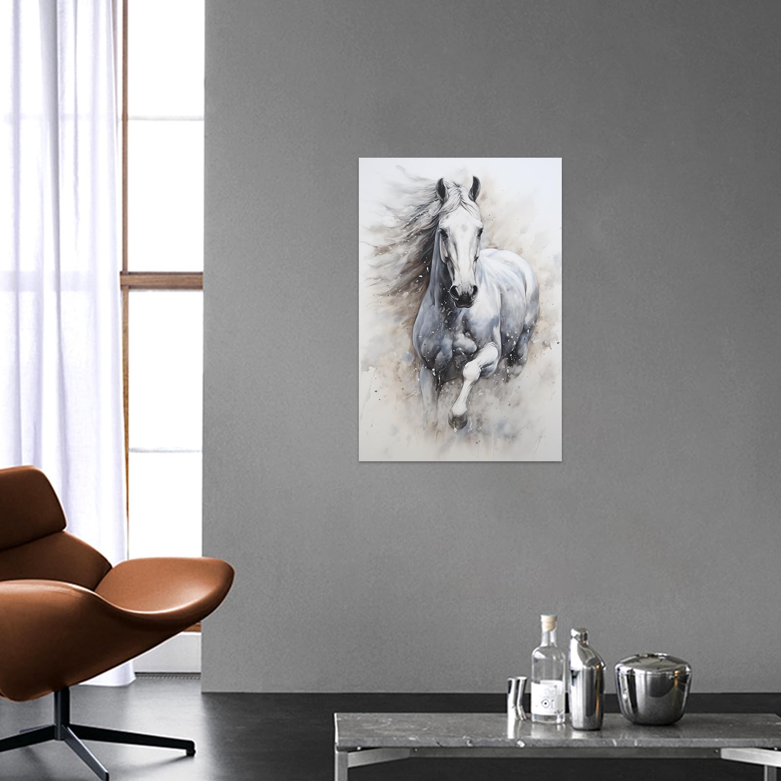 CCWACPP Stampa di cavalli su tela Pittura di cavallo bianco Immagine di cavallo in corsa Acquerello Ritratto di animale occidentale Opera (A, (30.00 x 45.00 cms))