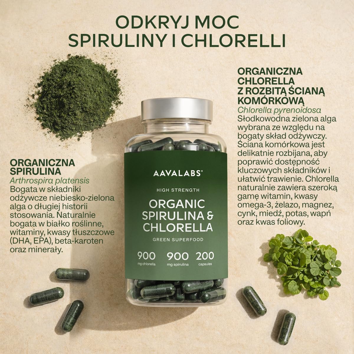 200 Kapsułek ze Sproszkowaną Spiruliną i Chlorellą [1800 mg] - Wysokiej Jakości Mieszanka Fitoskładników z Niebieskich Alg - Idealny Dodatek do Smoothie - W 100% Wegańska Formuła