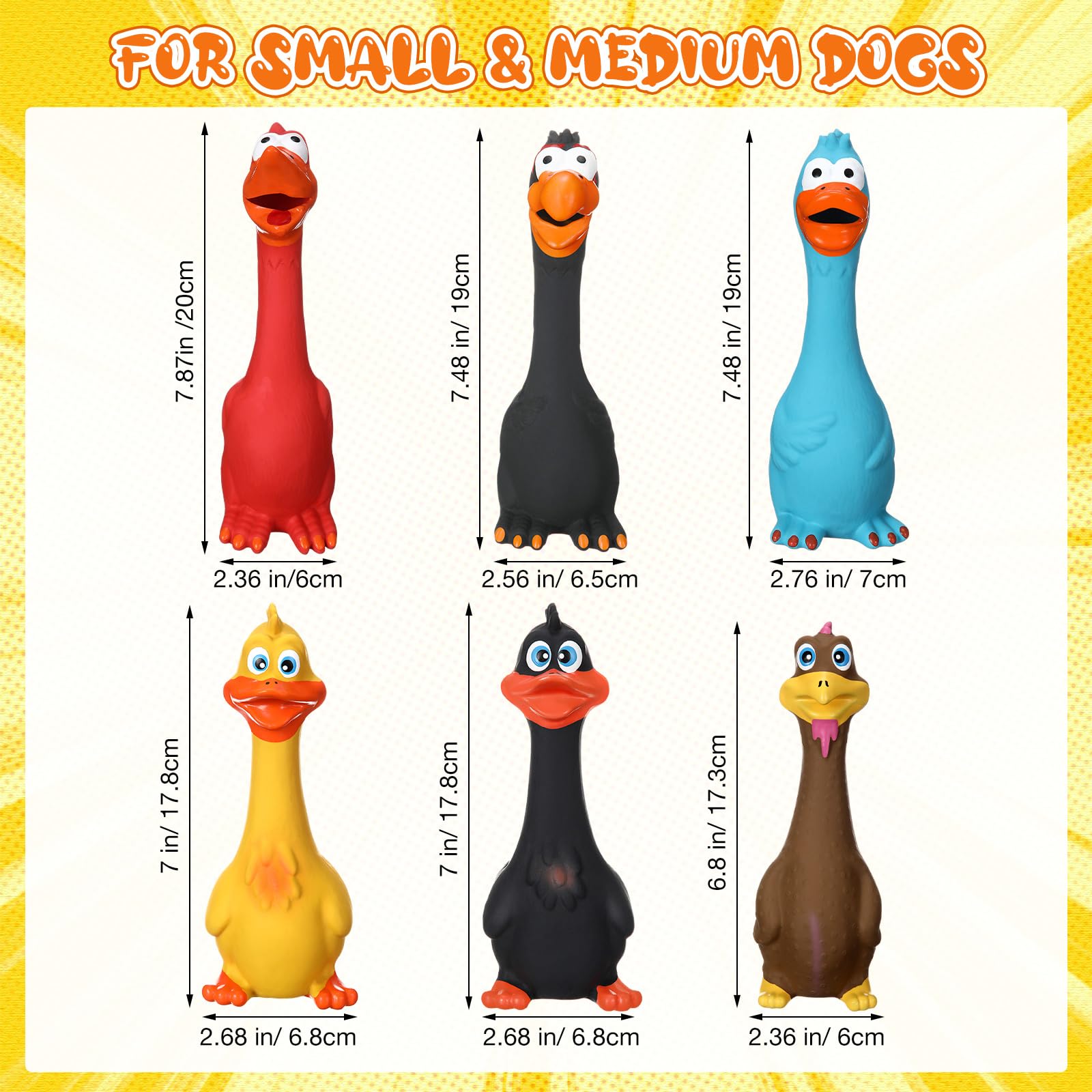 Lot de 6 jouets couineurs en latex pour chien de 17,8 à 20,3 cm - Jouet à mâcher en forme de canard qui crie - Bâton debout pour chiot et animal de compagnie de petite et moyenne taille