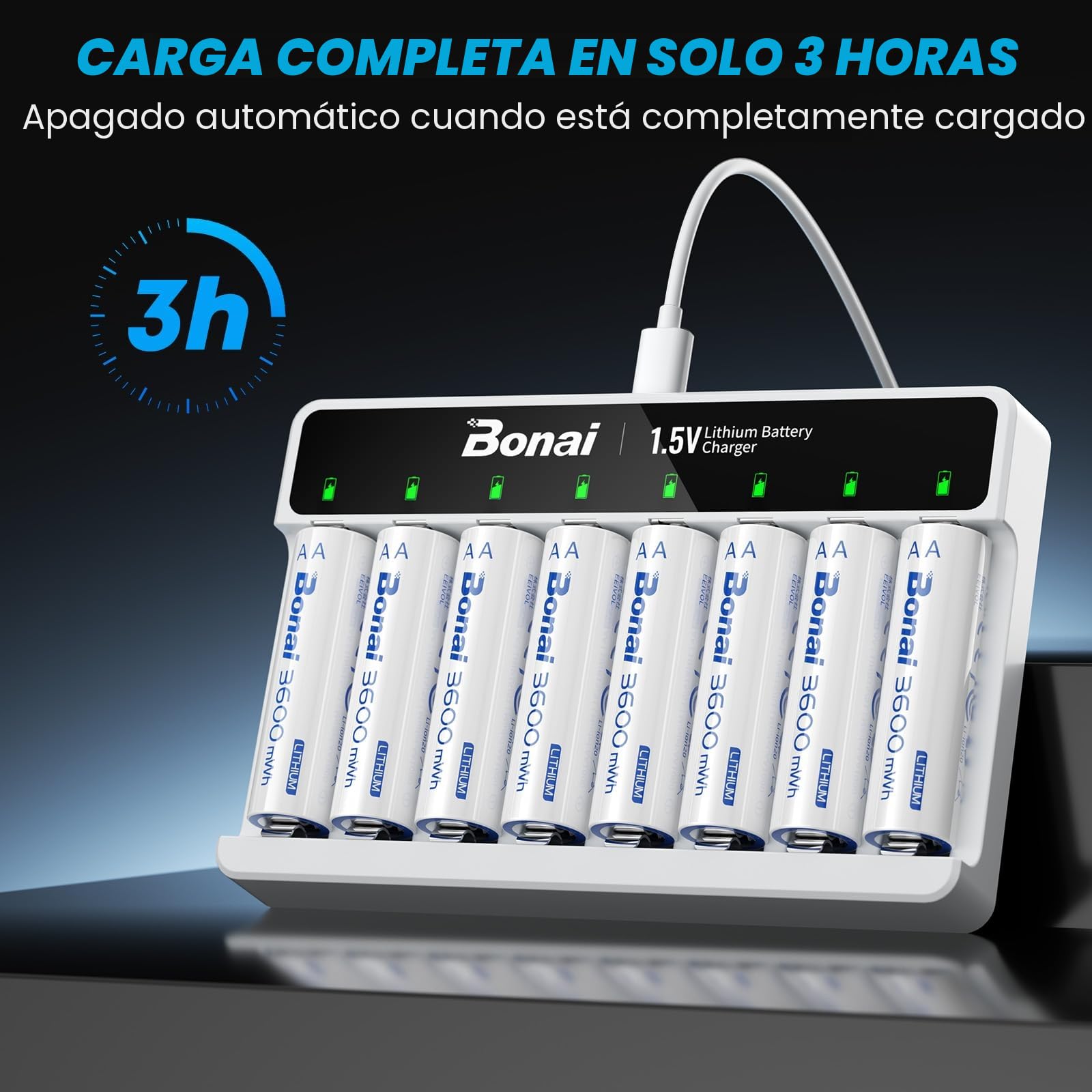 BONAI Pilas Recargable AA de Litio con Cargador Rápido, 1.5 V, 3600 mWh, Pilas AA Recargables de Alta Capacidad para Cámaras Digitales, Juguetes, GPS (Paquete de 8)