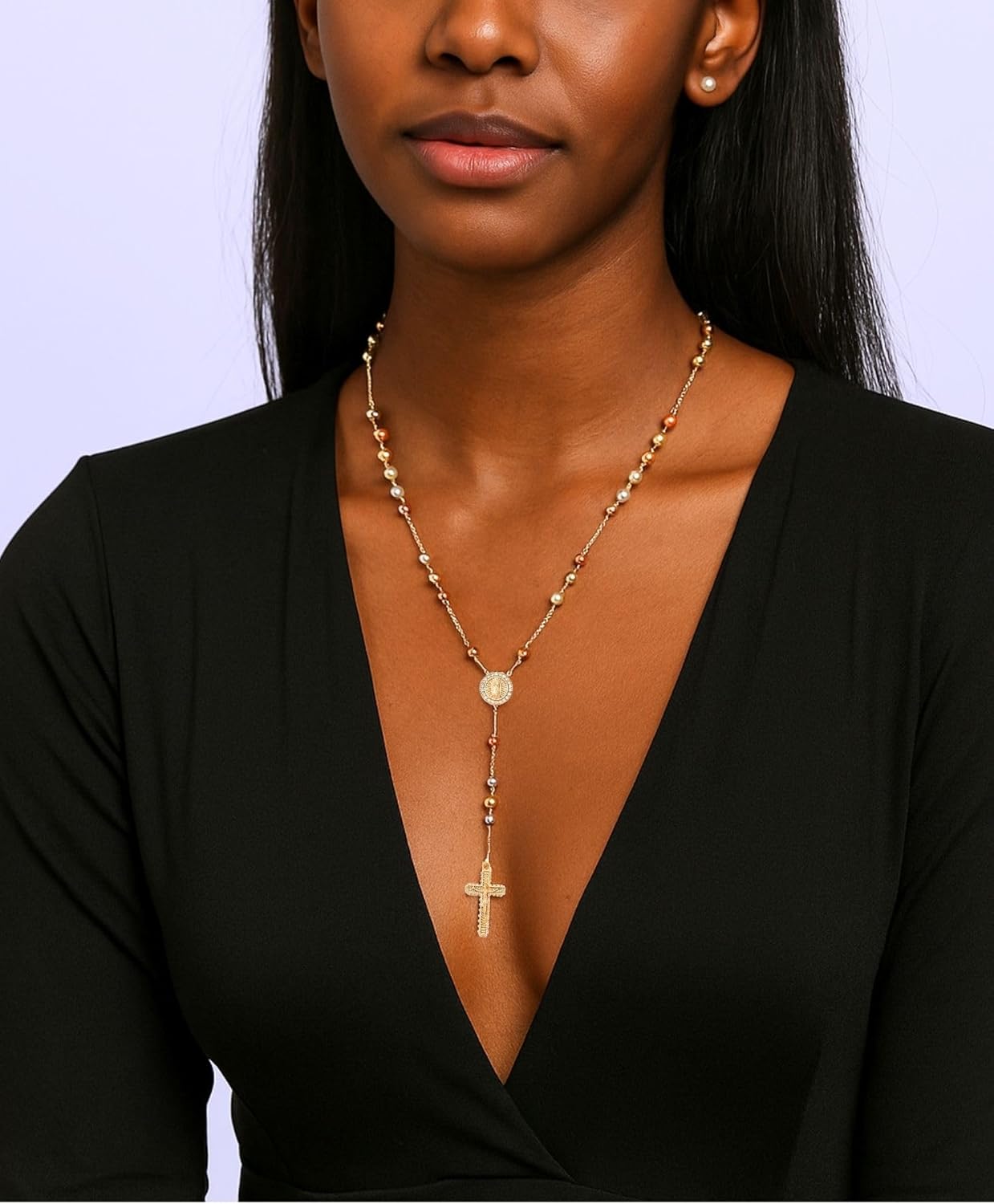 J&H DiaJuvelo Rosary Necklace for Women 14K Gold Plated Rosemary Y Chain Layered Dainty Cross Long Virgin Mary Pendant Beads Catholic en route Jewelry rosarios catolicos para mujer - Image 2