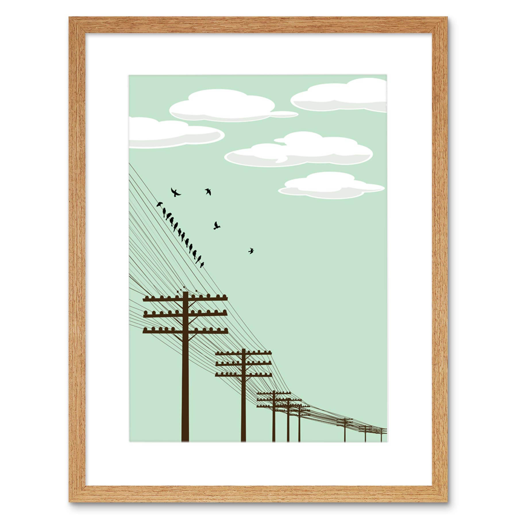 Wee Blue Coo Painting Illustration Flock Birds Telegraph Poles Wire Framed Wall Art Print