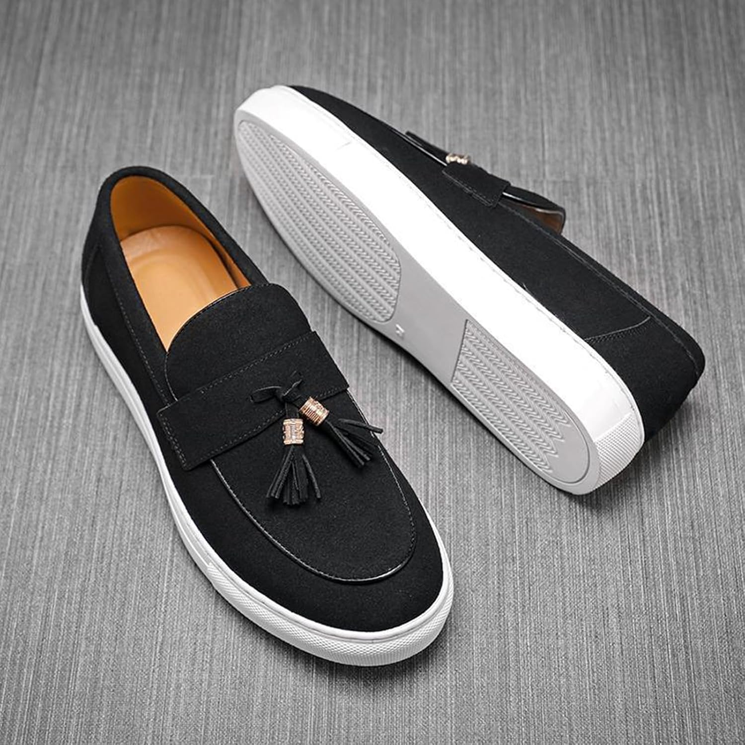 Men's Suede Round Toe Tassel Loafers Fashion Comfortable Lightweight Slip On Non Slip Soft Flat Casual Driving Walking Shoes for Office Business Work Daily