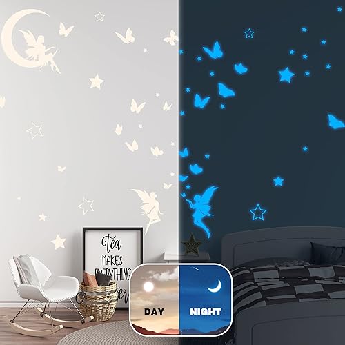 Miniatura 2 de Calcomanía de pared de hadas de fantasía que brilla en la oscuridad, decoración luminosa de mariposa lunar para dormitorio de niñas, decoración de