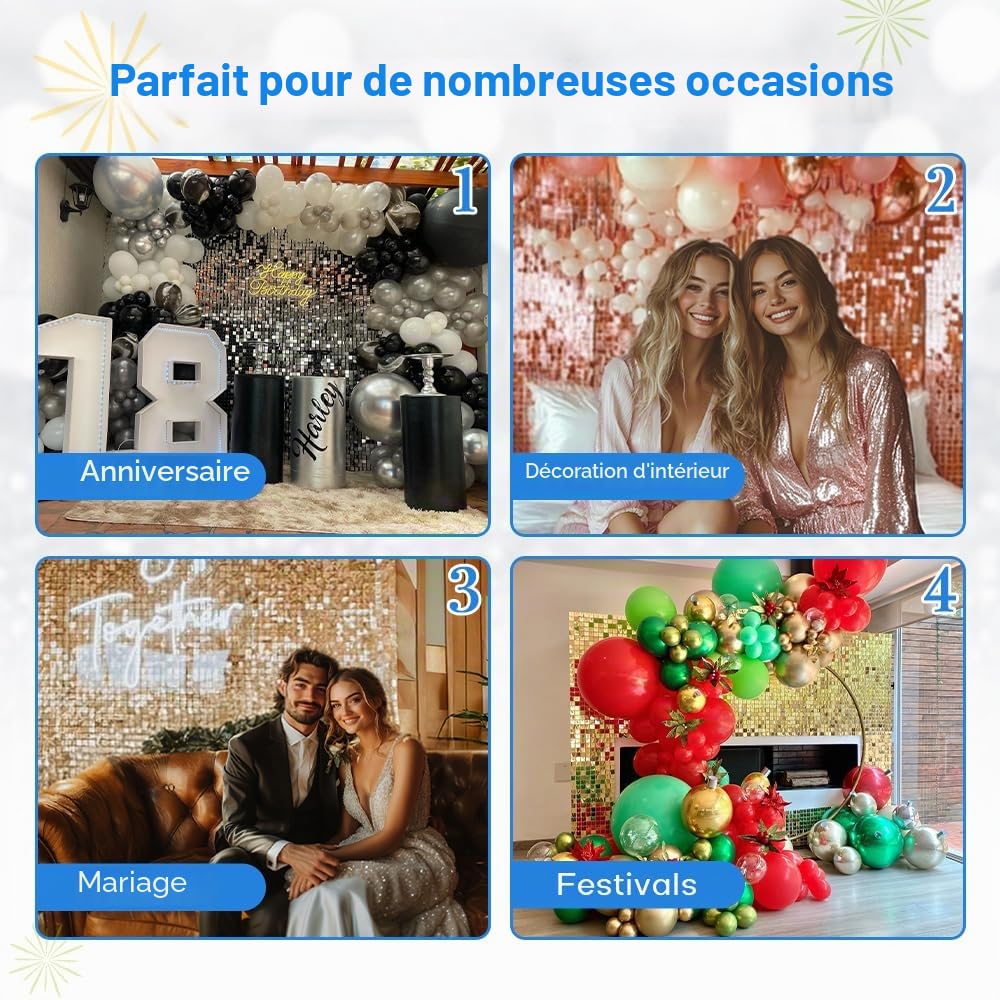 Kate Panneau Mural Scintillant Carré à Paillettes - Noir Fond Photo Brillant Décoration pour Anniversaires, Fêtes, Mariages et Festivités 30×30 cm (24 Pièces)