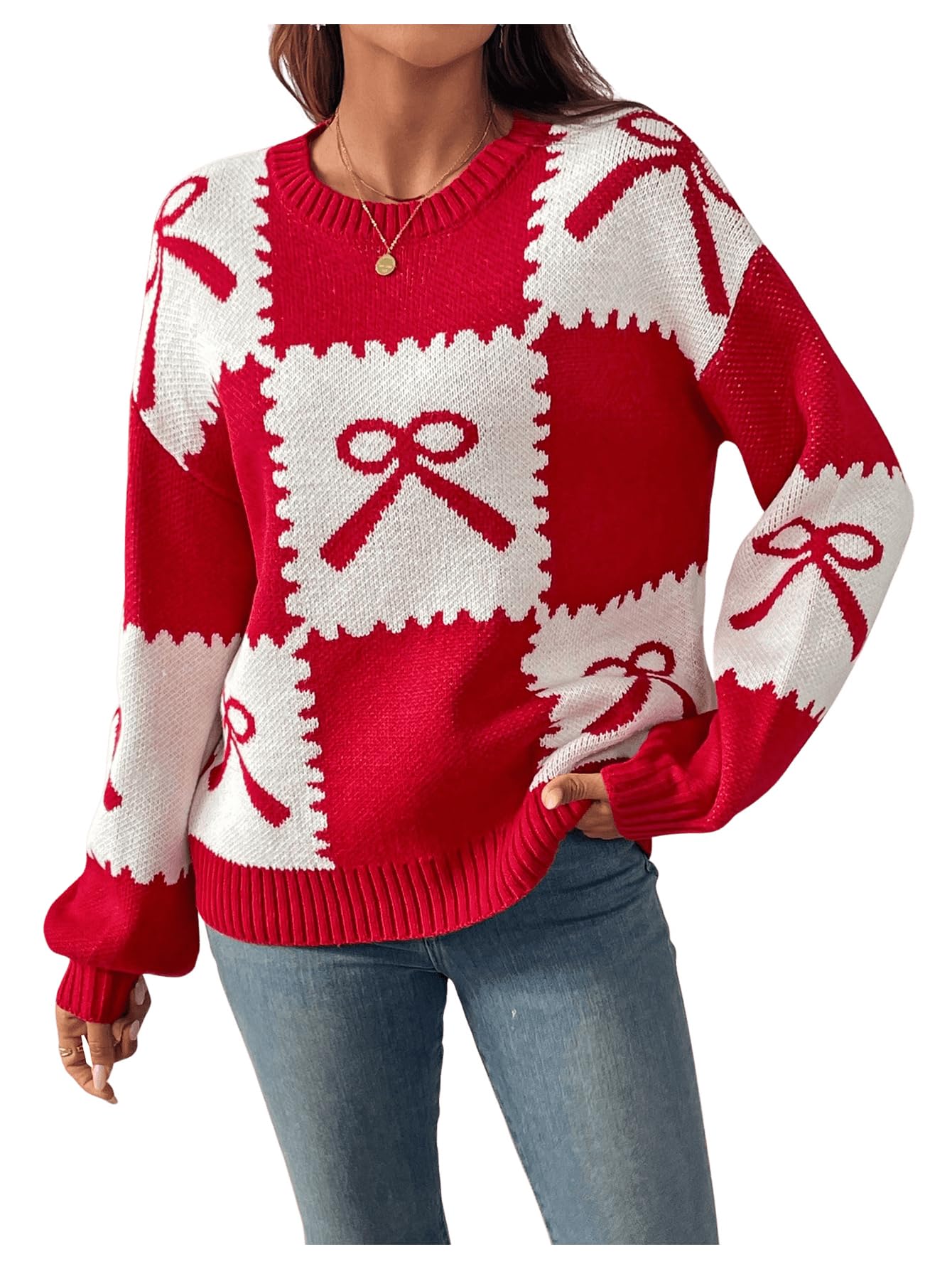 Milumia Womens Cute Bow Sweater Color Block Crewneck Long Sleeve Fall Winter Knitted Pullover Tops