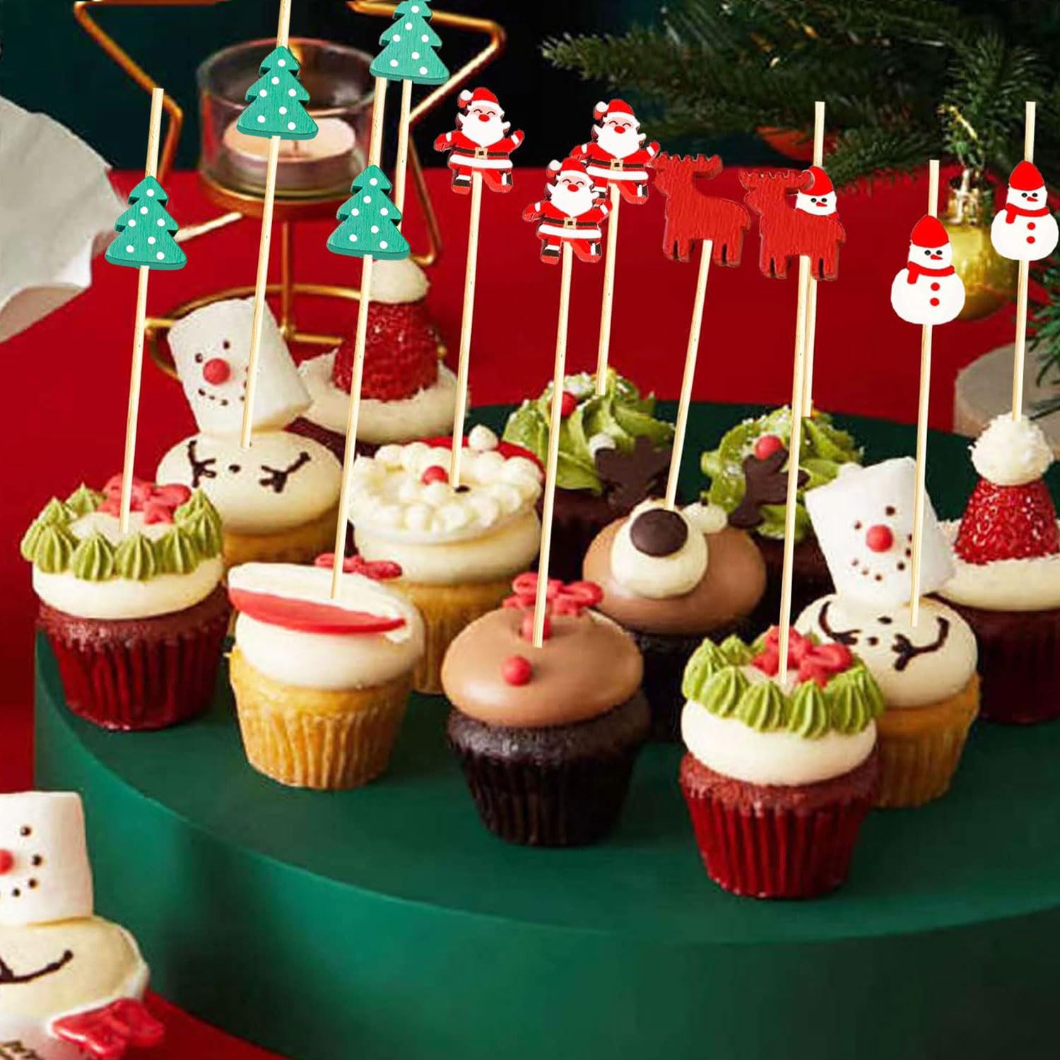 Lot De 100 Pics à Cocktail De Noël - 11.9 Cm - Motifs Père Noël, Bonhomme De Neige, Sapin, élan - Pour Apéritifs Et Desserts