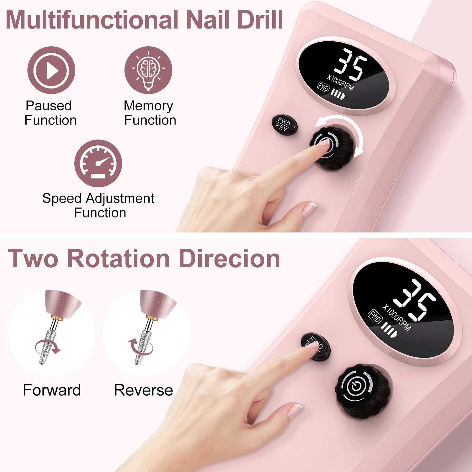 Ponceuse pour Ongles Professionnelle Electrique, 35000 RPM Portable Rechargeable Lime à Ongle avec 11 Embouts et Affichage LCD, Vitesse Réglable Puissante pour Manucure et Pédicure (Rose)