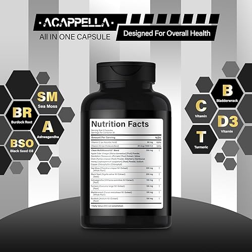 Miniatura 2 de ACAPPELLA Ashwagandha Suplementos Aceite de semilla negra de musgo marino, cúrcuma, raíz de bardana, orgánica y vitamina C, vitamina D3 con saúco,