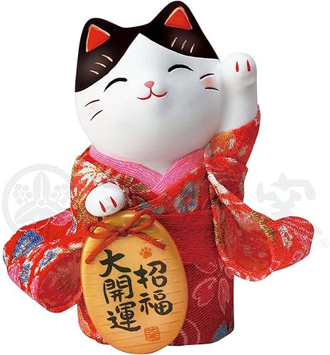 Yakushi Kiln Nishikisai Crepe Oval Maneki Cat (buena fortuna, pequeño)
