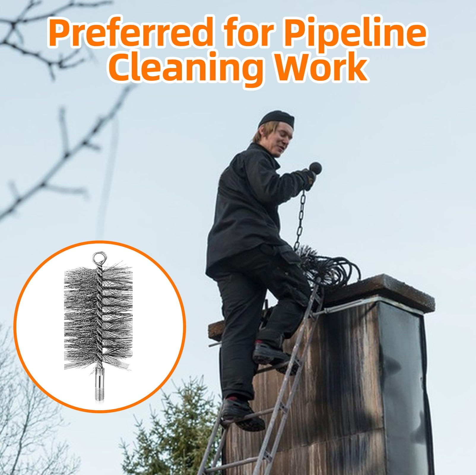 Cepillo para Tubos de Estufa, Deshollinador de Chimeneas, 30/50/80/150mm Chimney Brush and 1m Pipe Ideal para Limpiar Tuberías y Eliminar óxido