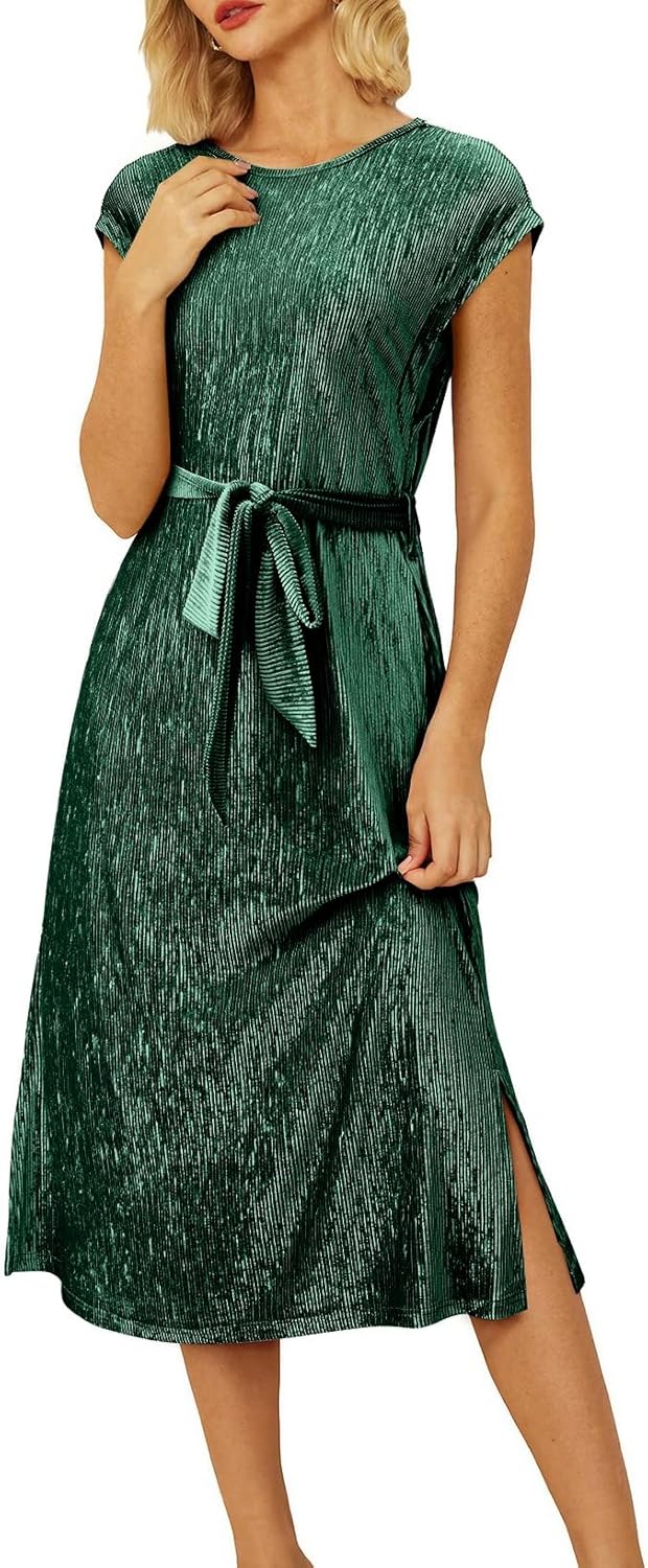 Happy Sailed Winter Fall Sleeveless Crewneck Velvet Casual Dress Party Midi Dresses with Pockets