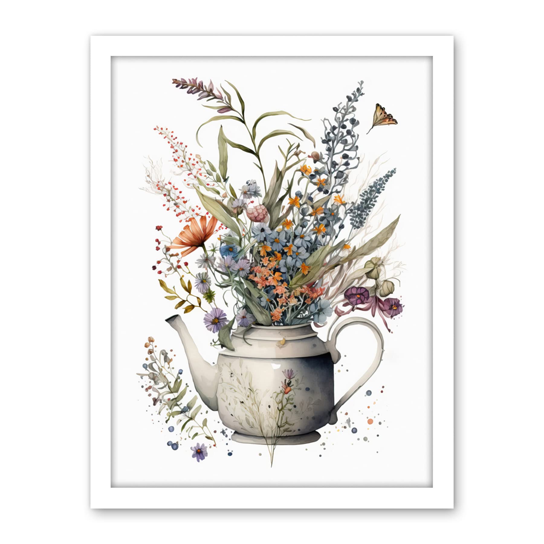 Artery8 Spring Wildflower Bouquet in White Ceramic Teapot Artwork Framed Wall Art Print 18X24 Inch