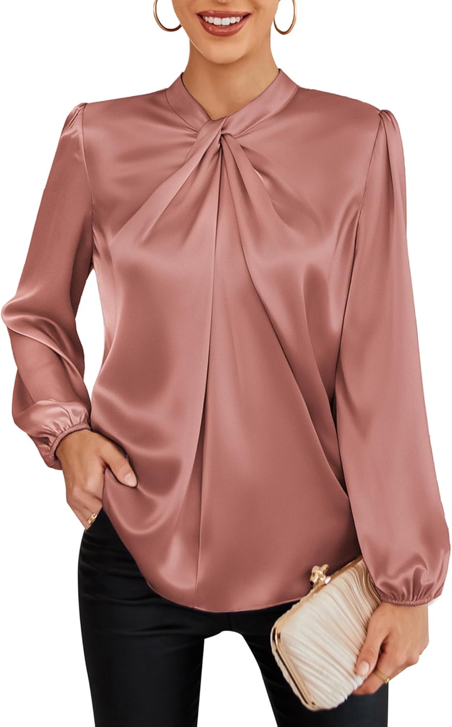 GRACE KARIN Women's Long Sleeve Satin Blouse,Mock Neck Work Silk Shirts,Dressy Tops for Business Casual Office