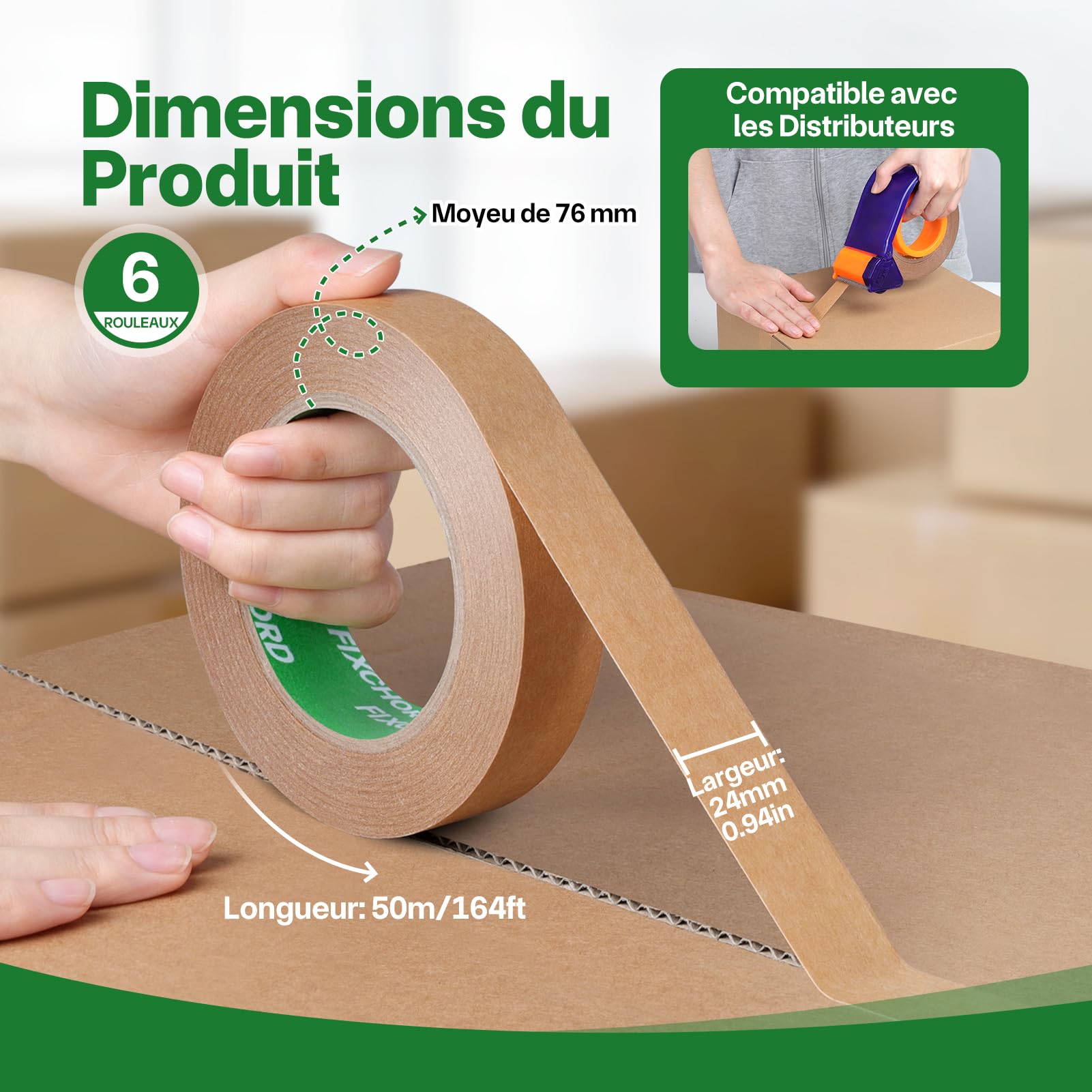 Ruban D'emballage en Papier 24mm x 50m | Recyclable, Inscriptible et imperméable | Ruban Adhésif Papier Kraft pour emballer des colis et des boîtes, déménager | 6 Rouleaux