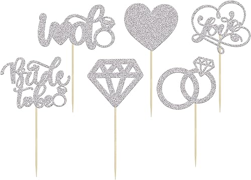 Miniatura 7 de 24 adornos para cupcakes con purpurina plateada Love I Do para decoración de tartas, anillo de corazón, palillos para cupcakes de diamante, boda,
