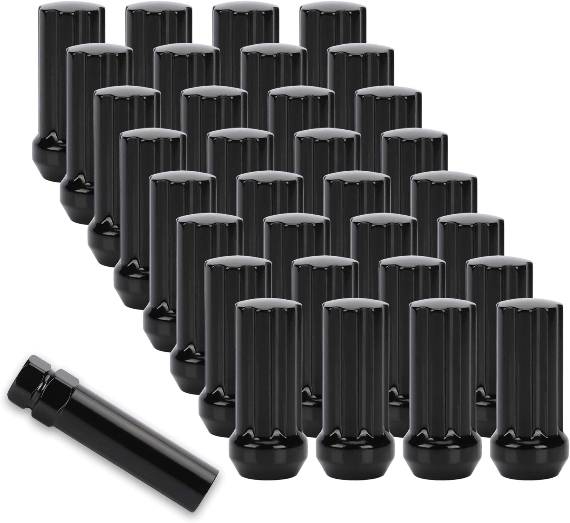 Flycle 9/16-18 Wheel Lug Nuts, 32x Black 9/16" x18 Lug Nut, Cone/Conical Bulge Seat, Closed End Nuts, 2'' Tall with 2 Socket Keys for Dodge 1994-2011 Ram 2500 3500 Aftermarket Wheel