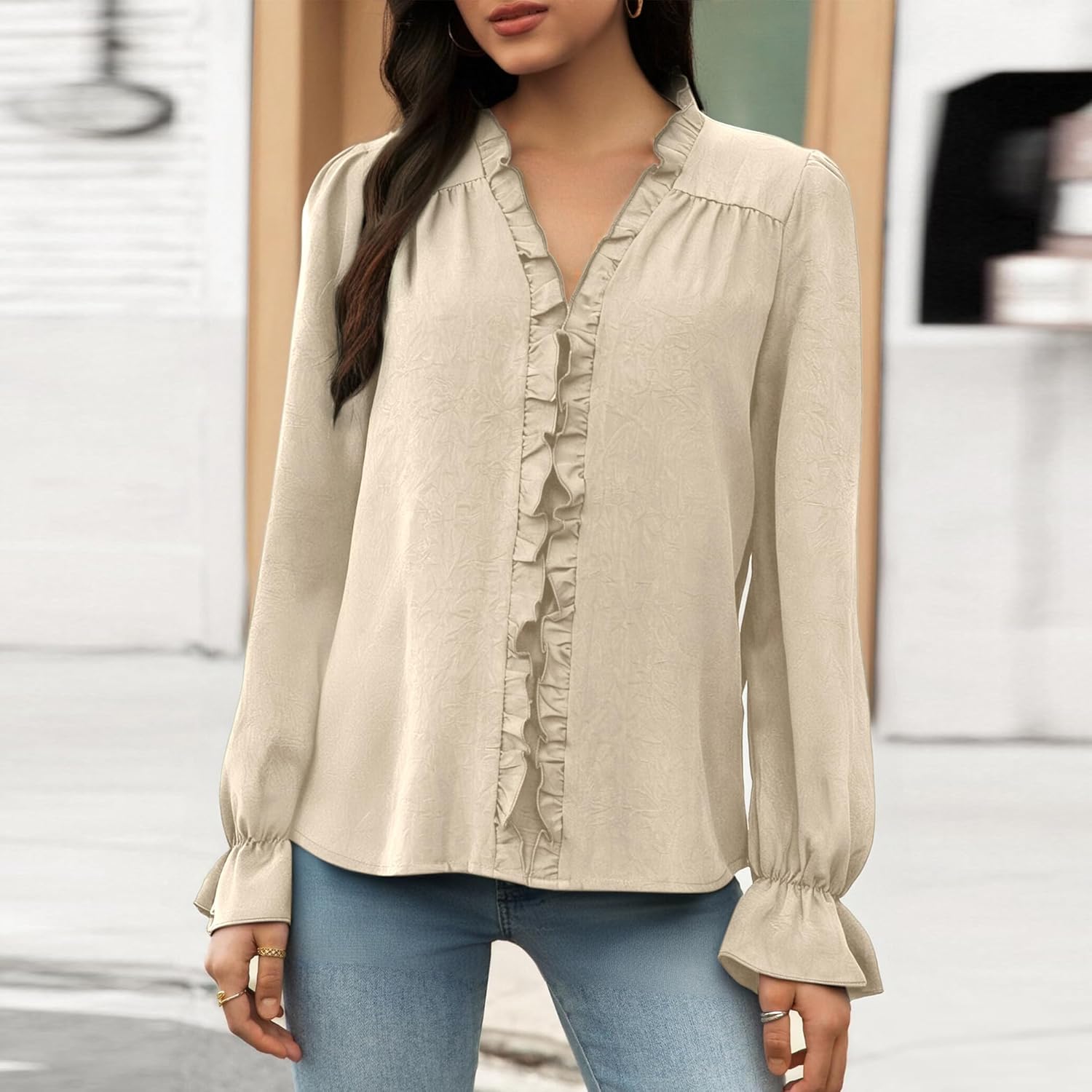 Womens Long Sleeve Ruffle V Neck Blouse Ruffles Trim Elastic Cuff Sleeve Shirt 2025 Fall Dressy Casual Tunic Top - Image 3