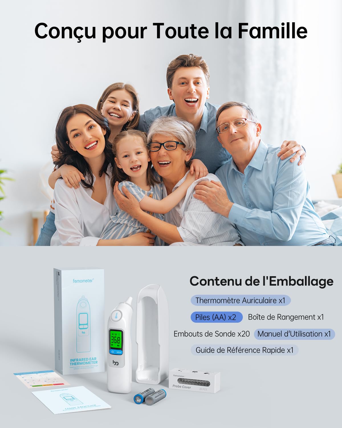 Thermomètre Auriculaire pour Adultes et Bébés | Précision Professionnelle | Alerte Fièvre à 3 Couleurs | Mode Silencieux | avec 20 Embouts Jetables