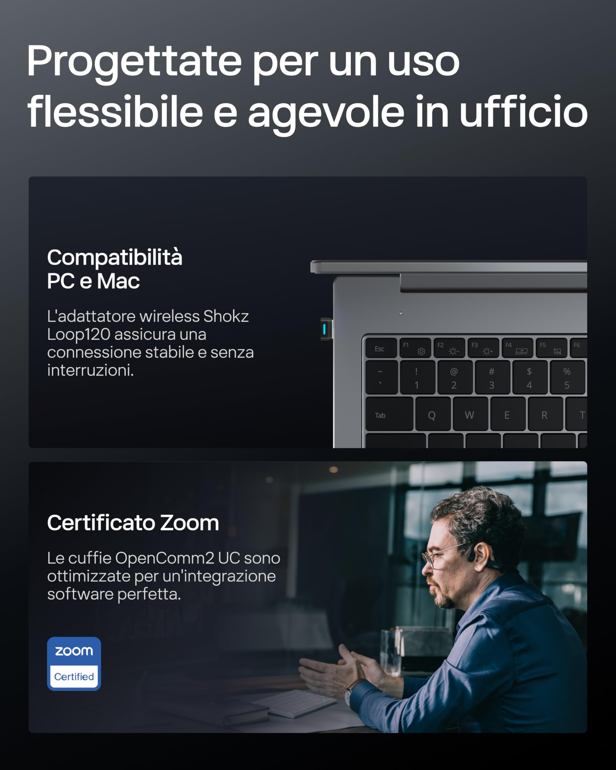 SHOKZ Auricolari OpenComm2 UC 2025 Upgrade a conduzione ossea con adattatore USB-C, auricolari Bluetooth open-ear per l'attenuazione del rumore, wireless, 16 ore di conversazione, Segnalibri, Nero